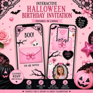 May include: An interactive Halloween birthday invitation template displayed on two smartphones. The design features a pink theme with ghosts, black lace, bows, and pumpkins. Text includes INTERACTIVE HALLOWEEN BIRTHDAY INVITATION, BOO!, YOU ARE INVITED, and party details.