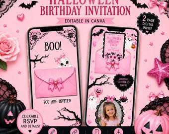 May include: An interactive Halloween birthday invitation template displayed on two smartphones. The design features a pink theme with ghosts, black lace, bows, and pumpkins. Text includes INTERACTIVE HALLOWEEN BIRTHDAY INVITATION, BOO!, YOU ARE INVITED, and party details.