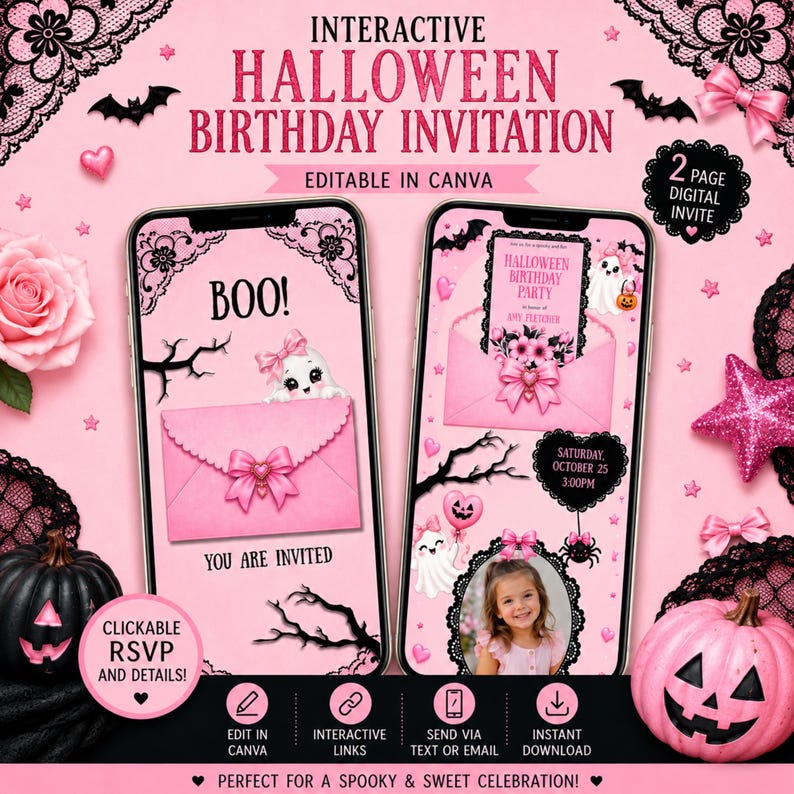 May include: An interactive Halloween birthday invitation template displayed on two smartphones. The design features a pink theme with ghosts, black lace, bows, and pumpkins. Text includes INTERACTIVE HALLOWEEN BIRTHDAY INVITATION, BOO!, YOU ARE INVITED, and party details.