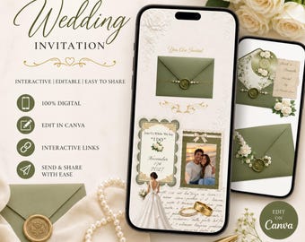 May include: A digital wedding invitation template displayed on two smartphones, featuring sage green envelopes with wax seals, a photo of a couple, a bride in a white gown, and gold wedding rings. The design includes text elements and floral accents.