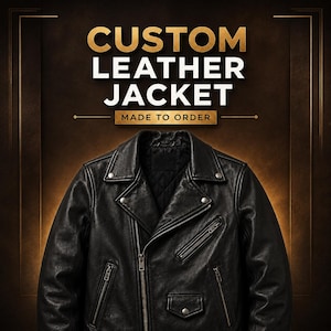 May include: A black leather jacket featuring a notched collar with silver metal snaps, an asymmetrical front zipper, two zippered side pockets, and a small flap pocket with a snap closure. The text CUSTOM LEATHER JACKET MADE TO ORDER is visible.