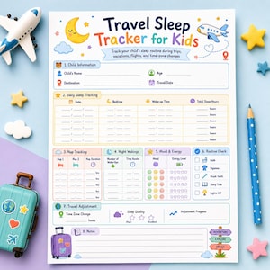 以下が含まれることがあります： 子供向けの旅行用睡眠トラッカーの印刷物。子供の情報、毎日の睡眠記録、昼寝、夜間の目覚め、気分とエネルギー、ルーチンチェック、旅行の調整、メモのセクションがあり、カラフルなアイコンで装飾されています。