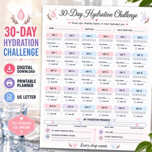 30 Day Hydration Challenge Printable | Daily Water Intake Tracker | Instant Download Wellness PDF