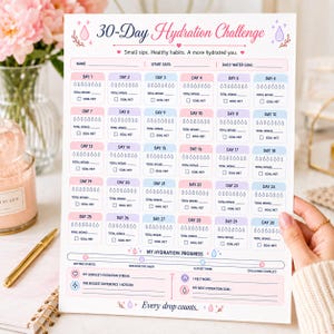 30-daagse hydratatie-uitdaging (printbaar) | Dagelijkse waterinname-tracker | Direct te downloaden wellness-pdf