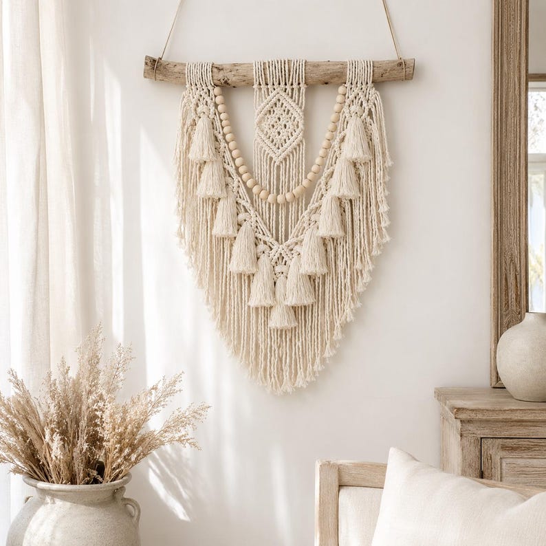 Macrame Wall Hanging Pattern Boho Decor Large DIY Tutorial Pearl Beaded ...