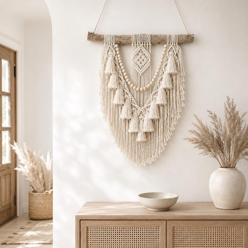 Macrame Wall Hanging Pattern Boho Decor Large DIY Tutorial Pearl Beaded ...