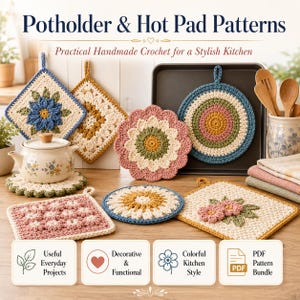 Pacchetto di oltre 100 modelli PDF per la cucina all'uncinetto: strofinacci, presine, sottobicchieri, spugnette, tovagliette, asciugamani.