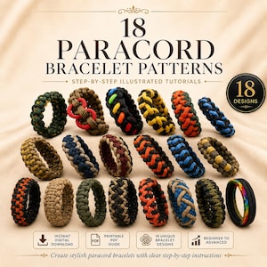 May include: A digital guide titled 18 PARACORD BRACELET PATTERNS STEP-BY-STEP ILLUSTRATED TUTORIALS featuring 18 unique designs. The image displays 18 circular paracord bracelets in various colours and weaves, including black, orange, blue, and tan.
