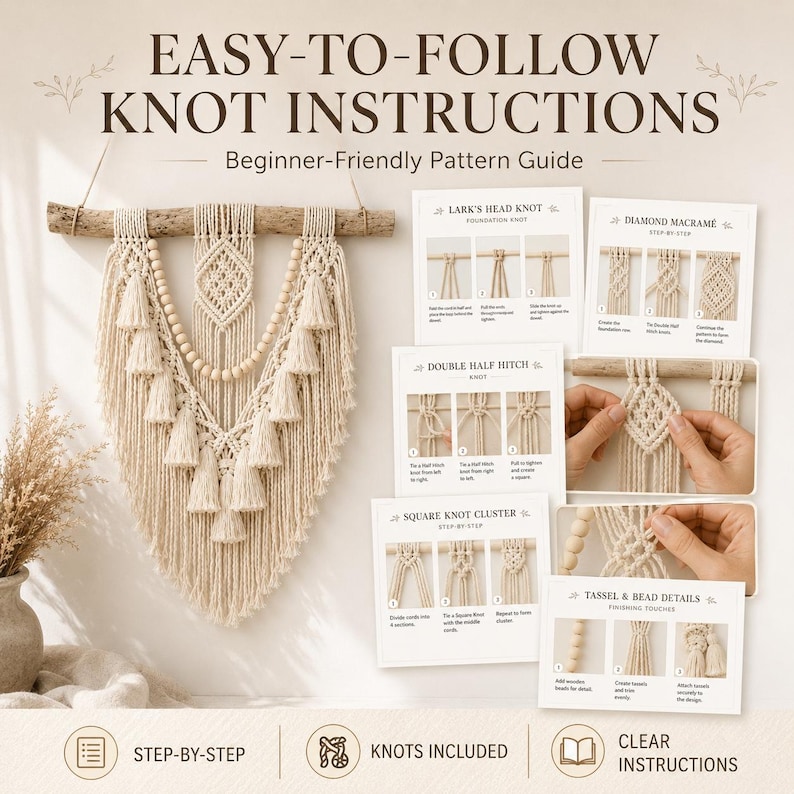 Macrame Wall Hanging Pattern Boho Decor Large DIY Tutorial Pearl Beaded ...