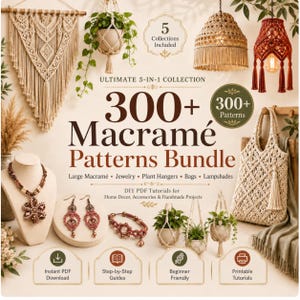 Pakiet ponad 300 wzorów makramy w formacie PDF | ozdoby ścienne makramy, biżuteria, torby, wieszaki na rośliny i abażury