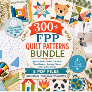 Paquete de más de 300 bloques de patchwork con la técnica Foundation Paper Piecing, diseños de animales, cabaña de troncos y diseños geométricos.