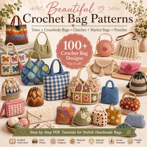 Könnte beinhalten: Eine Sammlung verschiedener Häkeltaschen, darunter Tragetaschen, Umhängetaschen, Clutches und Beutel. Das Bild enthält den Text Beautiful Crochet Bag Patterns und 100+ Crochet Bag Designs sowie Symbole für Anleitungen und PDF-Downloads.