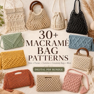 Könnte beinhalten: Eine Sammlung verschiedener Makramee-Taschen in Farben wie Creme, Schwarz, Salbeigrün, Blau, Gelb, Rost und Rosa, mit verschiedenen Knotenmustern, Fransen und Holzgriffen, mit dem Text 30+ MACRAMÉ BAG PATTERNS DIGITAL PDF BUNDLE.