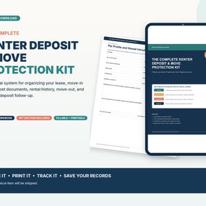 May include: A digital download titled The Complete Renter Deposit & Move Protection Kit, featuring a 72-page workbook with fillable and printable forms. The kit includes a pet section, lease organization tools, and move-in and move-out record trackers.