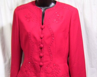 Womens Suit Red Jacket Skirt  Designer Papell Size 6 Petite With Embellishment