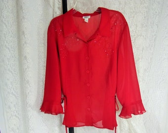 Fancy Red Blouse, Lightweight Crepe, Beads, Size 20W, Plus JBS,  Resort Cruise, Casual Dressy, Jeans