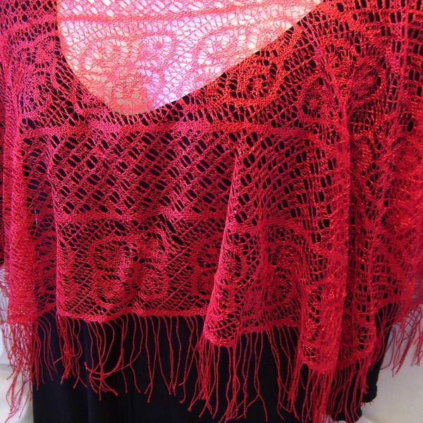 Red Lace Poncho With Fringe at Hem Sexy Over Blouse Dressy/Evening Accessory to Dress Up any Outfit for a Different Look One Size