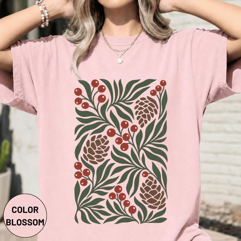 Winter Botanical Pinecone Berry Graphic Tee, Scandinavian Nature Art Shirt, Christmas Outfit image 8
