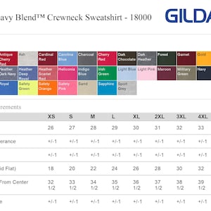 May include: A Gildan Heavy Blend 18000 crewneck sweatshirt color chart and size guide. The chart displays various color swatches with names and a table of finished measurements for sizes XS through 5XL, including body length and chest width.