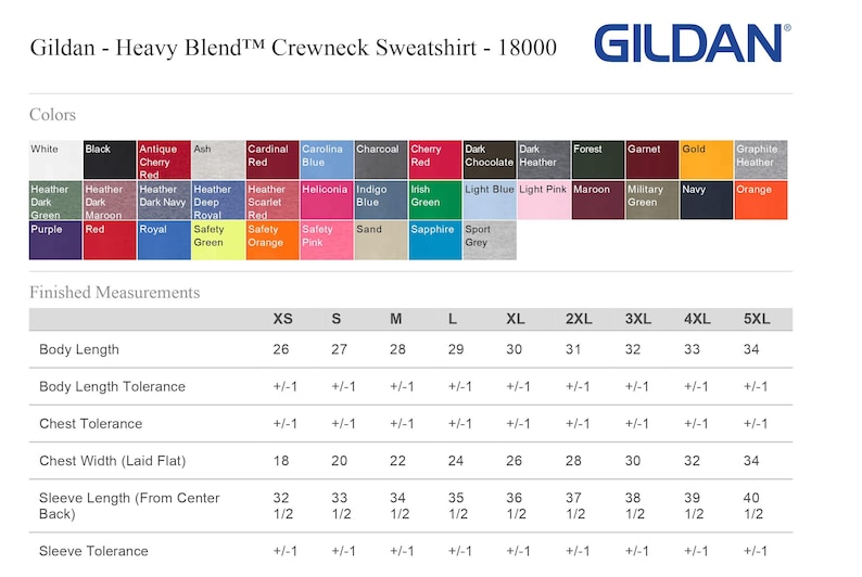 May include: A Gildan Heavy Blend 18000 crewneck sweatshirt color chart and size guide. The chart displays various color swatches with names and a table of finished measurements for sizes XS through 5XL, including body length and chest width.