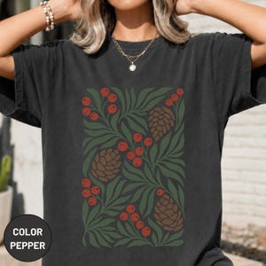 Winter Botanical Pinecone Berry Graphic Tee, Scandinavian Nature Art Shirt, Christmas Outfit image 2