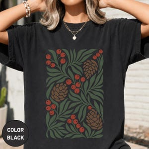 Winter Botanical Pinecone Berry Graphic Tee, Scandinavian Nature Art Shirt, Christmas Outfit image 3