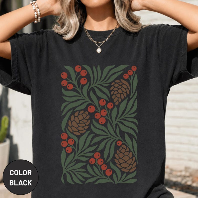 Winter Botanical Pinecone Berry Graphic Tee, Scandinavian Nature Art Shirt, Christmas Outfit image 3