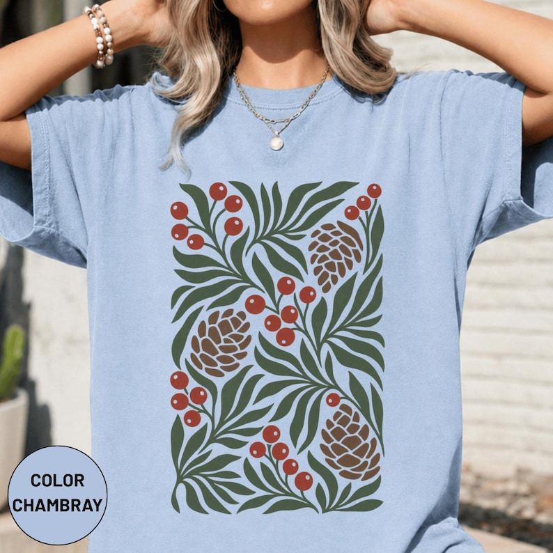 Winter Botanical Pinecone Berry Graphic Tee, Scandinavian Nature Art Shirt, Christmas Outfit image 7