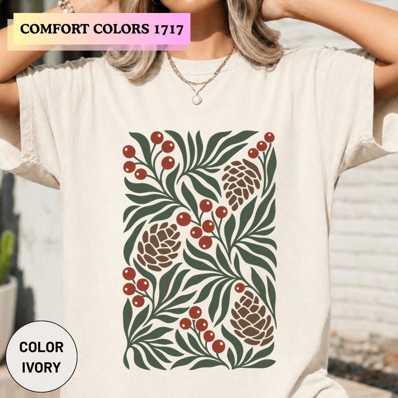 Winter Botanical Pinecone Berry Graphic Tee, Scandinavian Nature Art Shirt, Christmas Outfit image 4