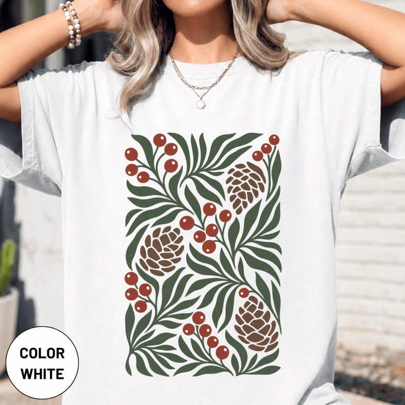 Winter Botanical Pinecone Berry Graphic Tee, Scandinavian Nature Art Shirt, Christmas Outfit image 6