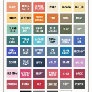 May include: A color chart titled COMFORT COLORS 1717 featuring a grid of 48 rectangular swatches. Each swatch displays a unique color name including Melon, Terracotta, Bright Salmon, Ivory, Banana, Butter, Citrus, Mustard, Burnt Orange, Yam, Khaki, Moss, Island Reef, Chalky Mint, Light Green, Blue Spruce, Hemp, Bay, Sea Foam, Topaz Blue, Lagoon Blue, Chambray, Washed Denim, Flo Blue, Periwinkle, Blue Jean, Mystic Blue, Ice Blue, Royal Caribe, Midnight, Denim, True Navy, Navy, Violet, Grape, Orchid, Blossom, Crunch Berry, Berry, Watermelon, Chili, Brick, Crimson, Cumin, Red, Espresso, Grey, Pepper, Black, Granite, Graphite, and White.
