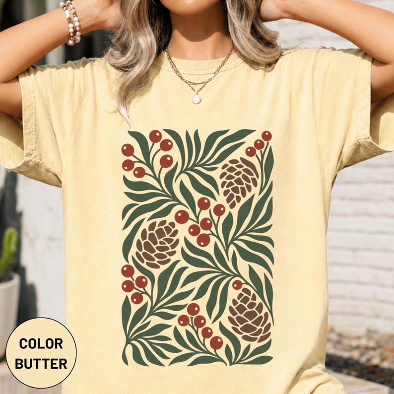 Winter Botanical Pinecone Berry Graphic Tee, Scandinavian Nature Art Shirt, Christmas Outfit image 9