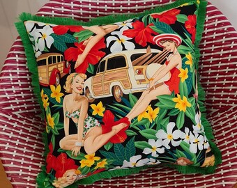 Aloha girls pin-up cushion cover (black with green fringing)
