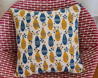 Vintage vases (mustard/blue) linen cushion cover