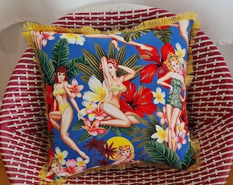 Island girls pin-up cushion cover (blue with yellow fringing)