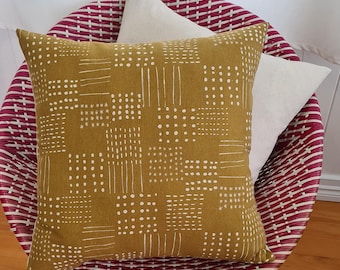 Japanese dots and lines mustard linen cushion cover