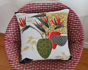 Strelitzia bird of paradise vintage barkcloth cushion cover