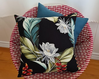 Tropical barkcloth cushion cover (orchids and heliconias) – black with teal