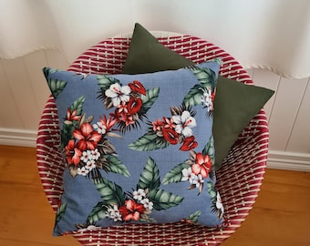 Blue tropical barkcloth cushion cover