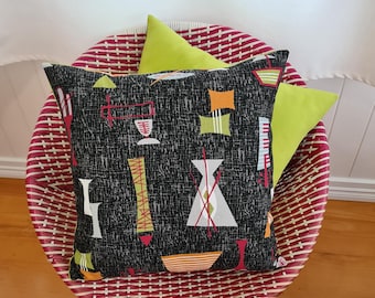 Tiki barkcloth cushion cover in black/lime