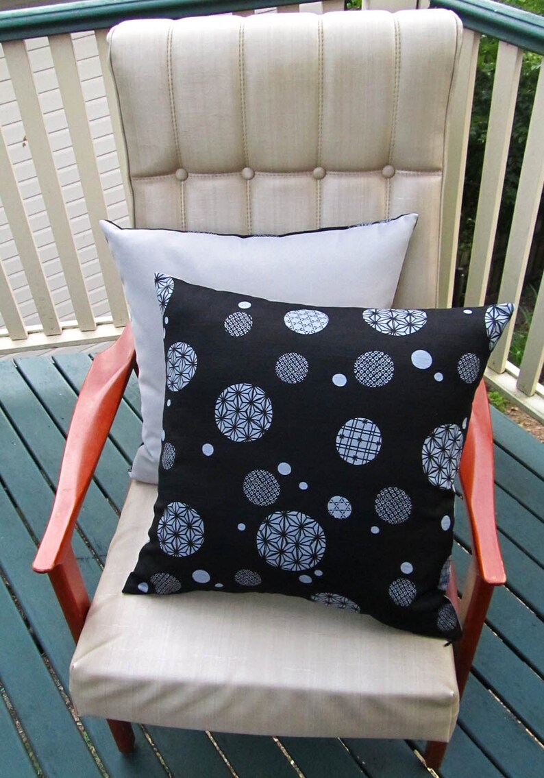 Japanese geometric barkcloth cushion cover black/grey image 1