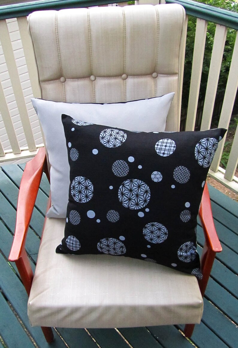 Japanese geometric barkcloth cushion cover black/grey image 5