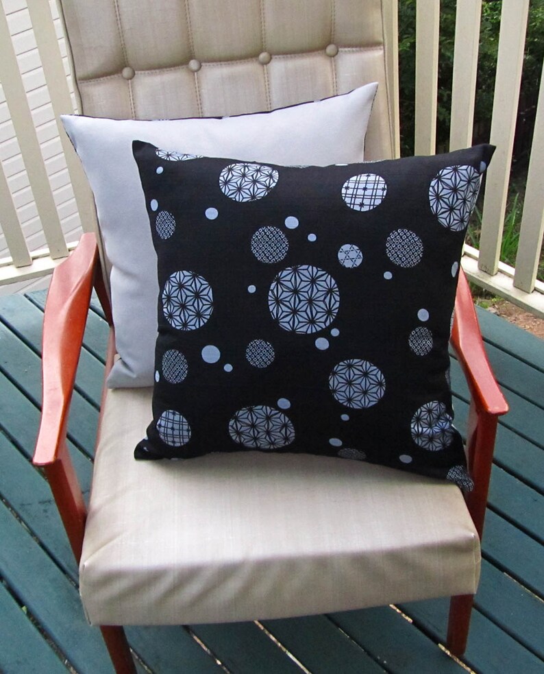 Japanese geometric barkcloth cushion cover black/grey image 3