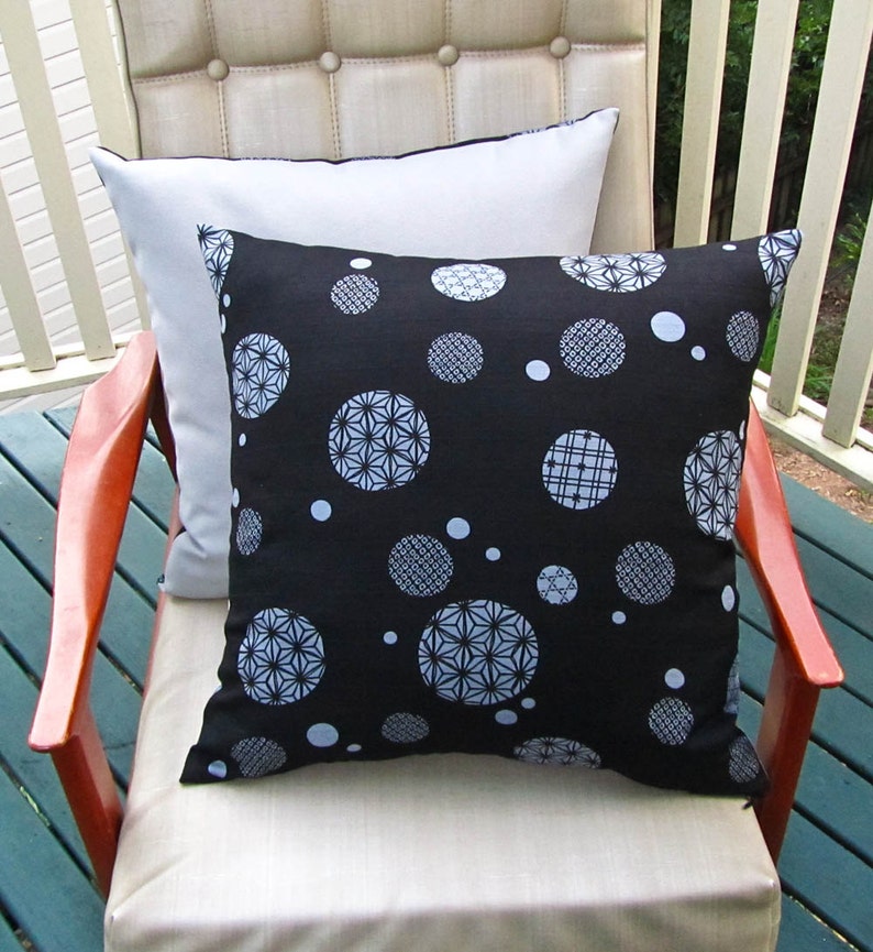 Japanese geometric barkcloth cushion cover black/grey image 2