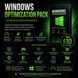 Könnte beinhalten: Eine schwarze Box mit der Aufschrift Windows Optimization Pack, grünem Text und einem grünen Windows-Logo. Die Grafik listet Funktionen wie mehr FPS, schnelleren PC, stabiles System und maximale Leistung sowie eine Liste der enthaltenen Optimierungen.
