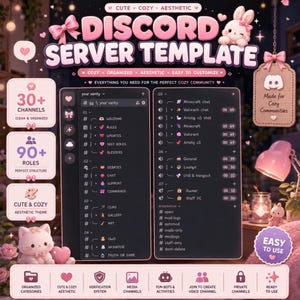 May include: A digital Discord server template featuring a dark interface with pink accents, icons, and text. The layout includes lists of channels, roles, and categories with labels like 30+ Channels, 90+ Roles, and Cute & Cozy Aesthetic theme.