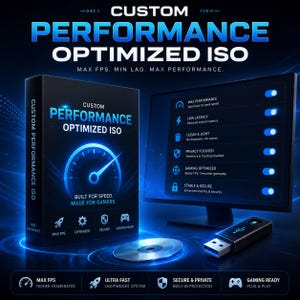 Könnte beinhalten: Eine schwarze Software-Box mit der Aufschrift Custom Performance Optimized ISO, einer Tacho-Grafik, einem Computermonitor mit Systemeinstellungen und einem USB-Stick. Der Text enthält Max FPS, Min Lag, Max Performance und Built for Speed.