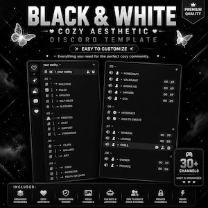 May include: A black and white Discord server template featuring a dark interface with text labels including Welcome, Rules, Updates, Self Roles, Blessers, Debotes, Chat, Support, Commands, Clips, Gallery, Art, Owo, Akinator, Truth or Dare, Minecraft, Valorant, Among Us, Skribbl, Gta, Interface, Join to Create, General, Lounge, Chill, Owner, and Private.