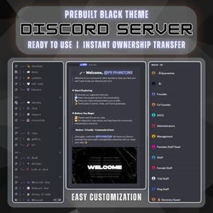 May include: A prebuilt black theme Discord server interface featuring a welcome message for P9 PH4NTOM, organized text channels, and a list of roles including Founder, Co Founder, Administrators, Management, and various staff designations.