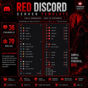 Plantilla de servidor Discord rojo y negro, comunidad de juegos, listo para usar, servidor Discord con temática roja: roles totalmente configurados.